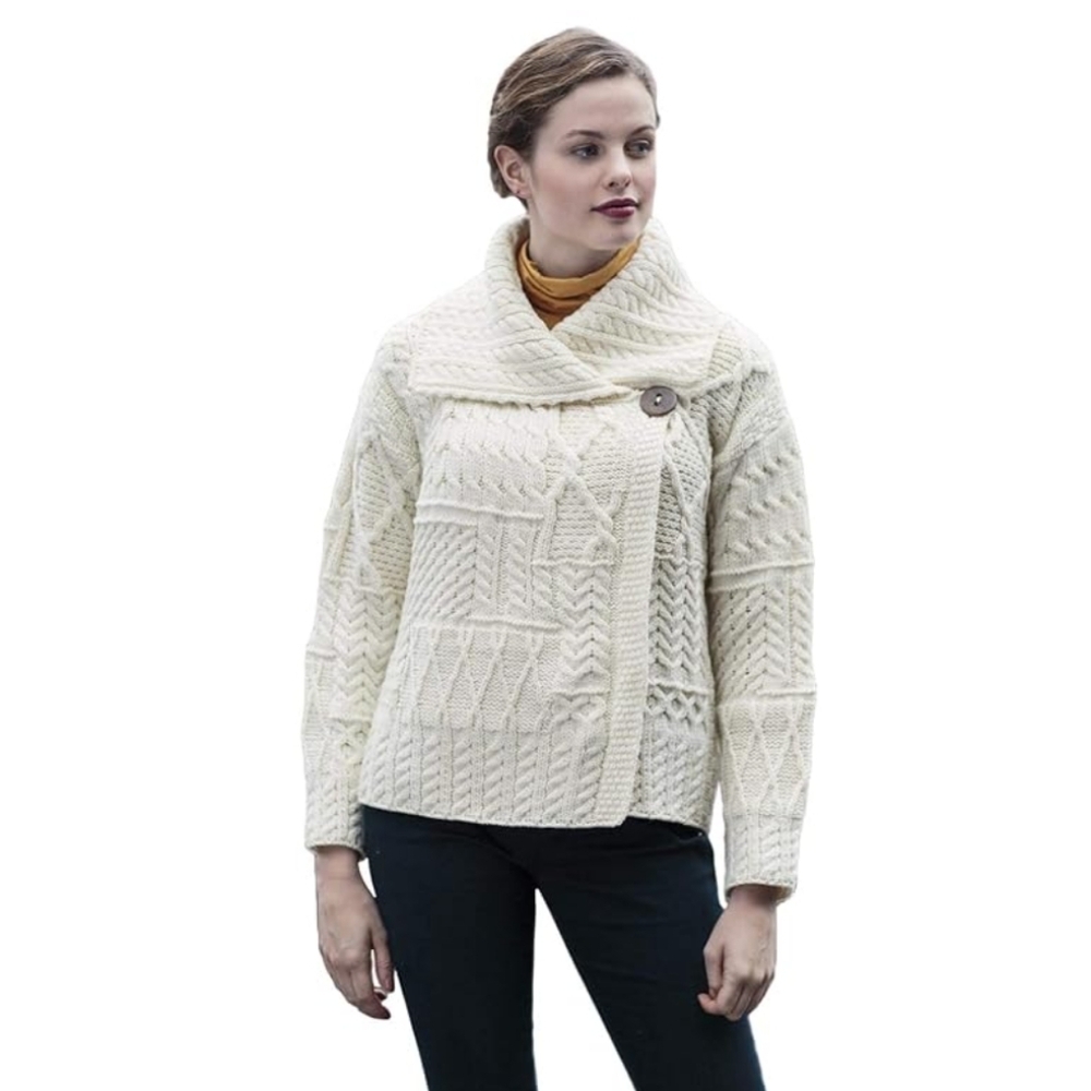 Vintage Irish Aran Woollen Mills One-Button Draped Collar Merino Sweater – XS